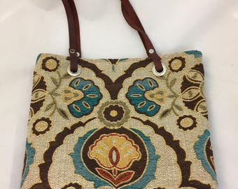 Tapestry Bag With Tan Brocade Lining and Leather Handles