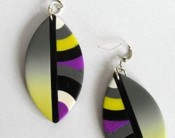 Earrings yellow, gray, purple, polymer clay, feather, round pattern, gradation, bullet shape.