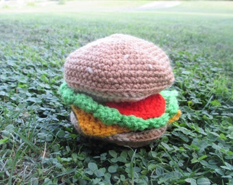 crocheted cheeseburger squeaky dog toy