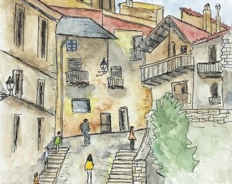Original Watercolor Sketch. Cute village