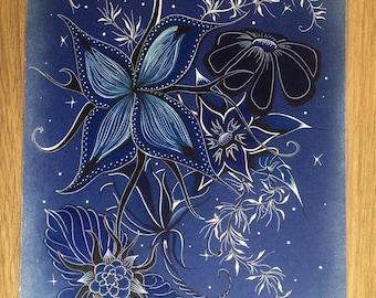 Drawing on blue - Midnight blue flowers