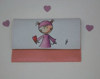 Bustina multiuso in ecopelle con Miss viola con il cuore che sorride.Purse multi-purpose leather eco-leather with purple Miss with a smiling