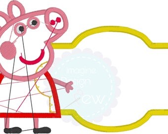 Peppa Pig Inspired name tag machine embroidery applique design Instant Download
