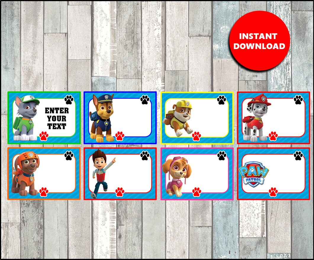 Paw Patrol Printable Cards tags book labels stickers kids