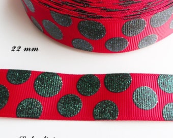 Ruban gros grain blanc liseré rouge Coccinelle de 22 mm vendu au mètre