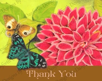 Thank you notes Dahlia with spring green leaves in the background with Butterflies in repose.