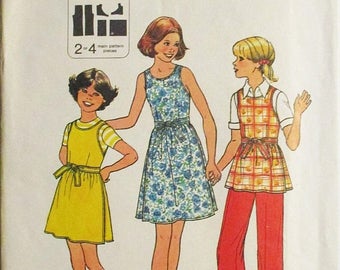 30% OFF SALE 1970s Sewing Pattern Simplicity 8045 Girls Wrap Dress, Jumper or Top & Pants Pattern Size 7 and 8