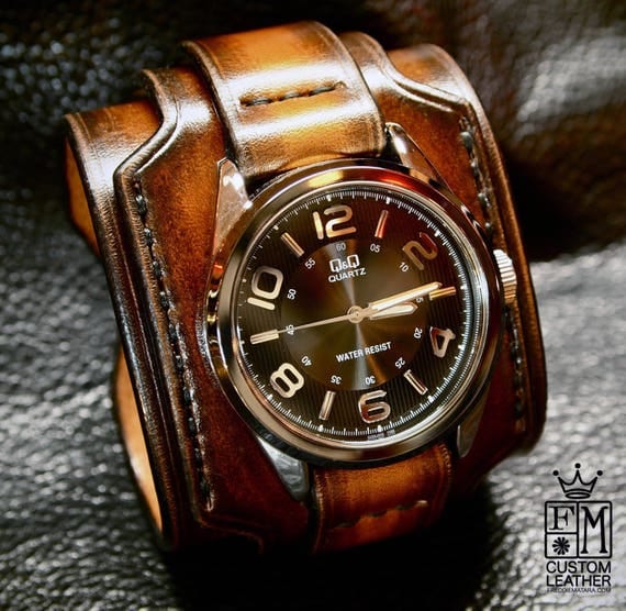 Leather cuff watch Tobacco sunburst wide layered Brown watch band cuff Bracelet Handmade for YOU in NYC by Freddie Matara