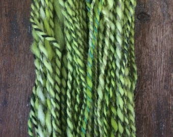The Caterpillar, handspun art yarn, 63 yards, bulky two ply yarn, wool and mohair blend, bright green