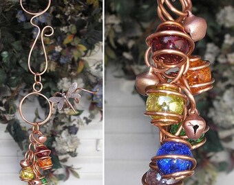 FLASH SALE Rainbow Dragonfly/Butterfly Copper Glass Wind Chimes / Gypsy Windchime Garden Art Suncatcher