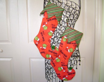 Grinch Elf Christmas Stockings FREE SHIPPING In Red And Green Grinch Fabric Set of Two