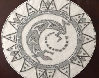 American Indain design, 19", penny rug, table topper, candle mat, table runner