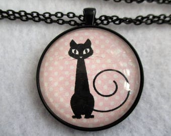 Calling CAT LOVERS Pink Black Cabochon PENDANT Necklace