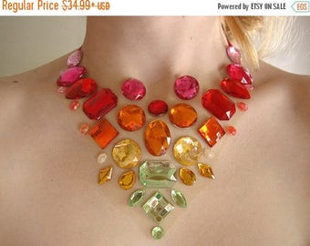 ON SALE Floating Orange and Green Rhinestone Statement Necklace, Rhinestone Illusion Necklace, Floating Rhinestone Necklace, Colorful Statem