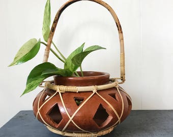 terra cotta planter - bamboo wrapped pot - hanging planter - southwest boho brown