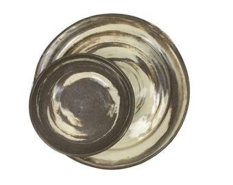 Vintage Brown Swirl Pottery Platter and Dish Set Bowl