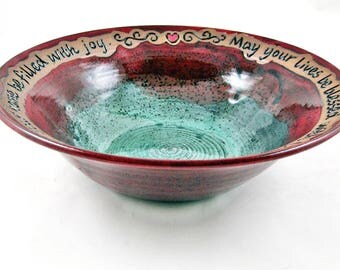 Personalized wedding blessing bowl in Dark red and Teal green, Custom engraving serving bowl, gift for the couple