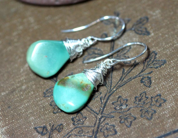 Turquoise Earrings Silver Wire Wrapped Gemstone Earrings Green
