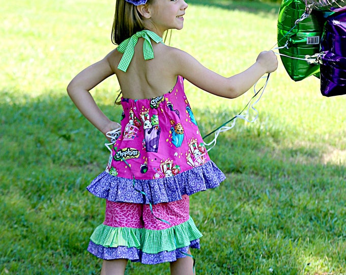 Girls Ruffle Shorts - Shopkins - Summer Short Set - Toddler - Halter Top - Birthday Outfit - Boutique - sizes 6 months to 4T