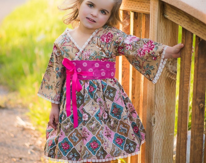Pretty Pink Little Girls Dress - Toddlers Clothes - Teens - Preteens - Long Sleeves - Lace - Kimono Style - Handmade - 12 mos to 14 yrs
