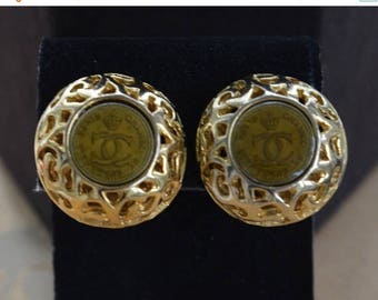 ON SALE CHANEL Inspired Logo Clip Earrings, Gold tone, Vintage (Tb9)