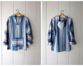 Baja Hoodie 90s Pullover Mexican Jacket Blue White Striped Woven Textured Hoodie Sweatshirt Hippie Boho Vintage Blanket Pocket Sweater Large