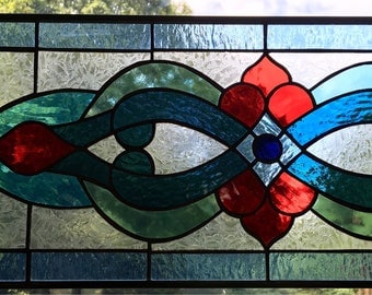 Aqua beveled stained glass hanging panel rectangle.