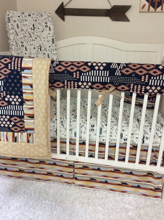 Tribal Baby Boy Crib Bedding Set Navy Gold Blue Tan Khaki