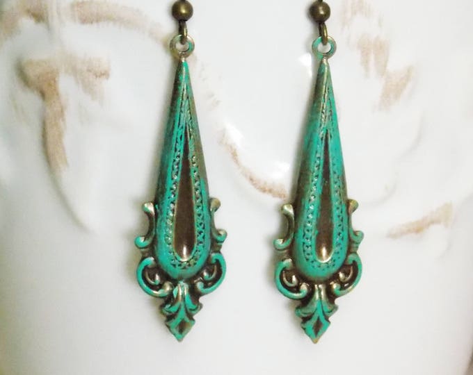 Turquoise Blue Patina Verdigris Brass Victorian Drop Earrings Vintage Style Dangle Earrings Art Nouveau Filigree Earrings