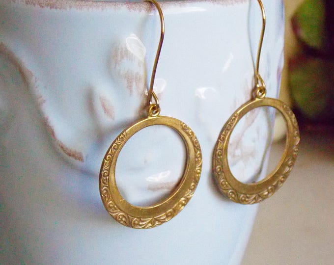 Brass Circle Boho Earrings Gold Brass Earrings Dangle Loops Swirl Textured Metal Hoop Long Simple Minimalist Earrings Brass Jewelry GIft