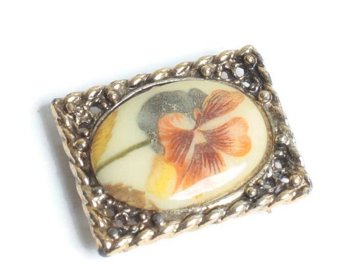 Porcelain Floral Transfer Pendant Fancy Gold Tone Rectangular Frame Vintag