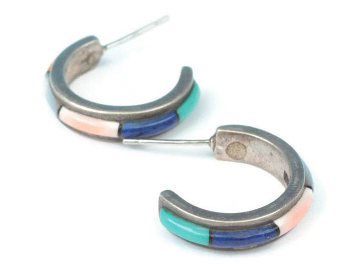 Southwestern Channel Inlay Gemstone Earrings Sterling Posts Half Hoops Vintage