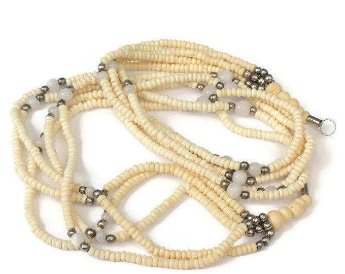 Five Strand Carved Ox Bone Bead Necklace Quartz Beads Tribal Bohemian Vintage