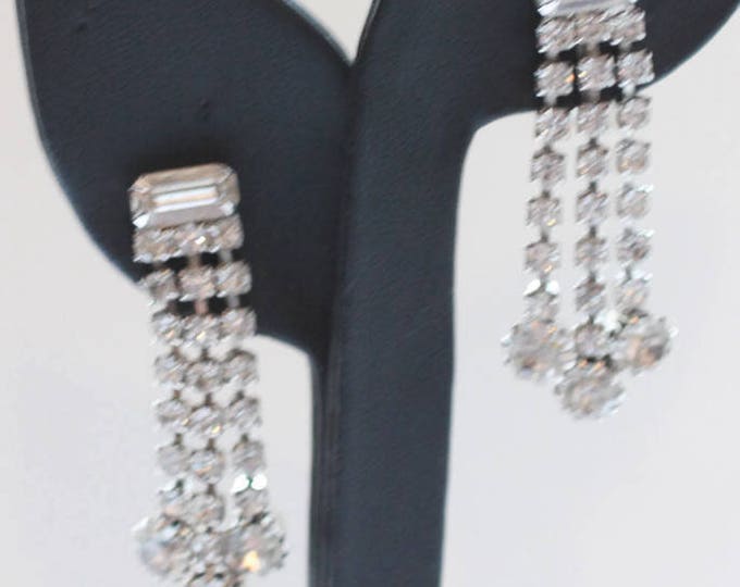 Clear Rhinestone Crystal Dangle Earrings Three Strands Baguettes Chatons Vintage