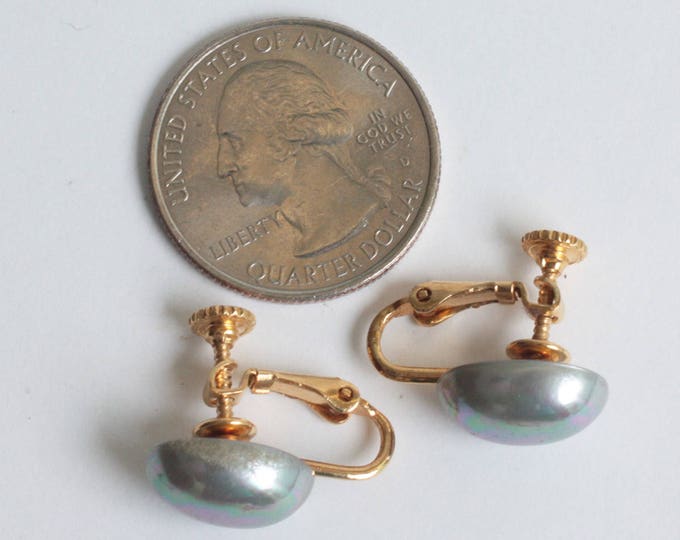 Gray Grey Faux Pearl Earrings Adjustable Clip Backs Signed Napier