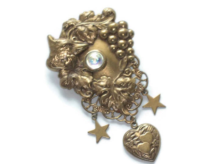 Victorian Revival Stamped Brass Brooch Repousse Fox Grape Leaves Heart and Star Dangles