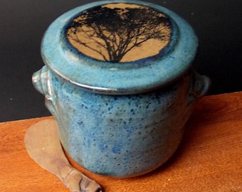 Stoneware French Butter Crock With Clay Knife ~ Classic Tree Design ~