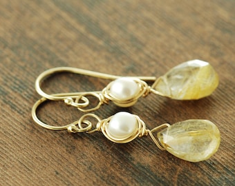 Gold Rutilated Quartz Pearl Drop Earrings, Delicate Gemstone Dangle Earrings, Gold Wedding Jewelry