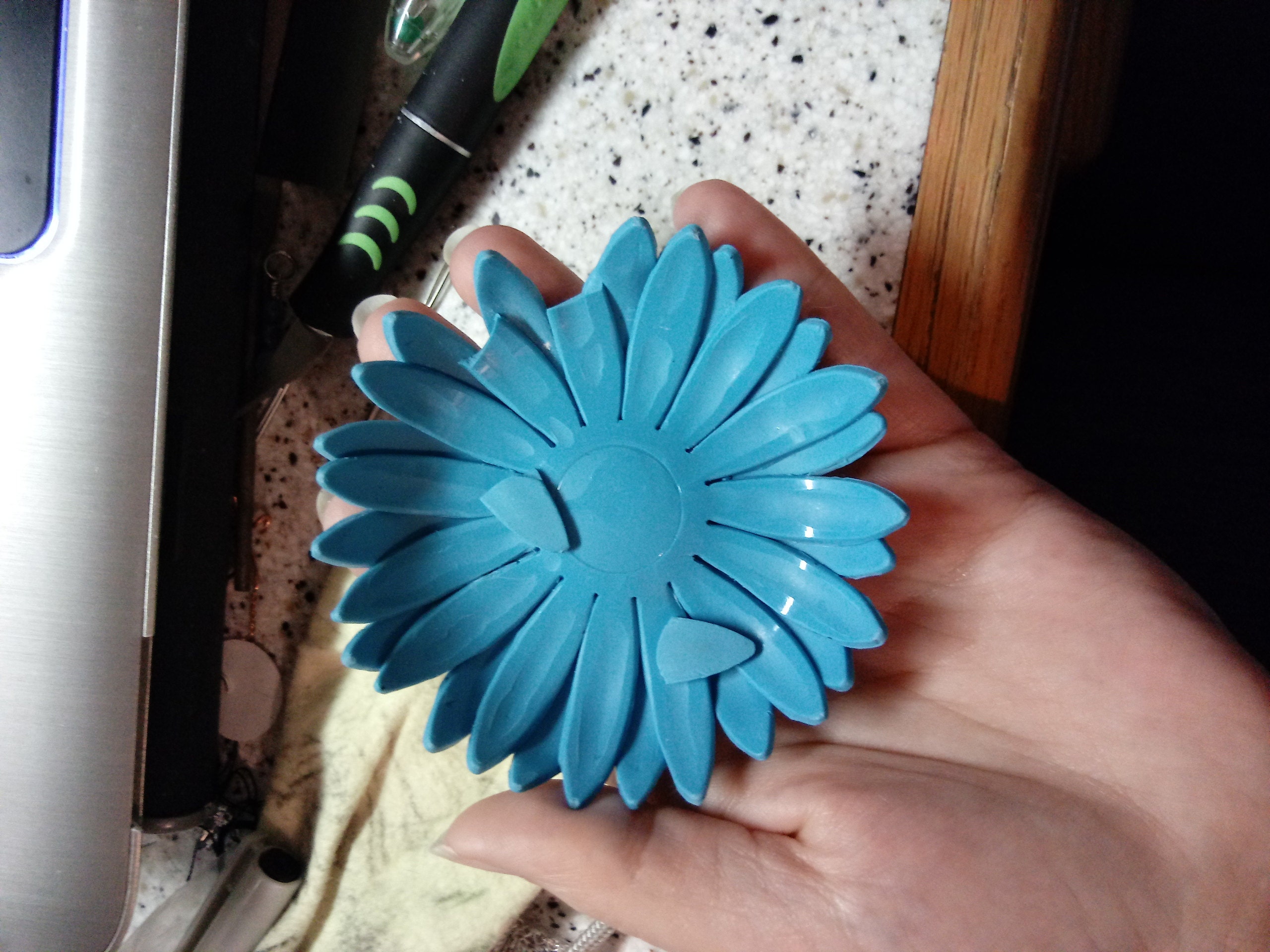 Blue daisy dish after testing.