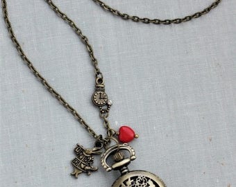VACATION SALE- Alice in Wonderland Pocket Watch Necklace in Antique Brass