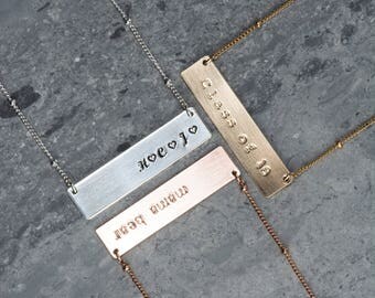 TWO SIDED Personalized Necklace, 14K Gold Filled Bar, Cursive Gold Custom Gift, Yellow Gold or Rose Gold Options