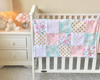 Girls Unicorn and Damask Pastels Patchwork Blankets, Patchwork Blankets, Baby Girl Patchwork Blankets.