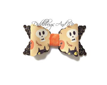 Girl's Halloween Hair Bow, Leather Halloween Bows, Piggy Tail Bows, Black And Orange Hair Clips, Toddler Bows, Black Glitter Hair Bows