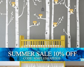Birch Tree Wall Decal, Birch Tree With Owls Wall Sticker Set, Birch Tree Decal, Baby Nursery Wall Stickers W1112