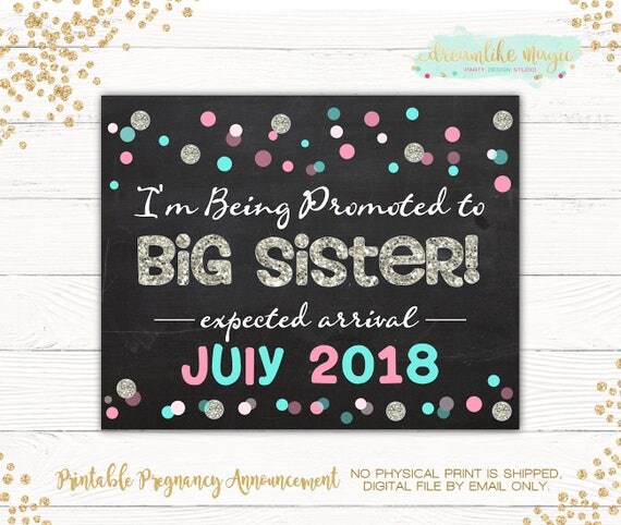 Big Sister to Be, Pregnancy Announcement, Big Sister Promotion, Pink and Blue Confetti, Silver Glitter Sign, Printable DIY Photo Prop, Sis Il_570xn