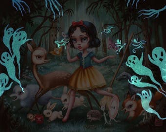 Special Summer Archive Access Glow in the Dark Snow White in the Black Forest -pop surrealism Fine Art Print by Mab Graves