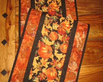 Fall Table Runner, Pumpkins Leaves Gourds, Fall Decor Autumn Table Runner, Thanksgiving Runner, Quilted, 13 x 47" Handmade