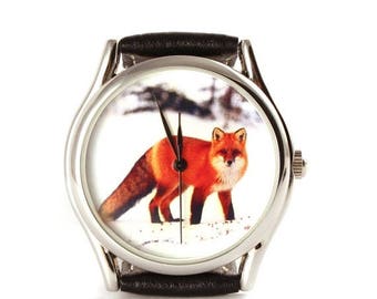ON SALE 25% OFF Watch, Fox watch, Vintage Style Leather Watch, Women Watches, Unisex Watch, Boyfriend Watch, Silver Case , Gold Case, Black,