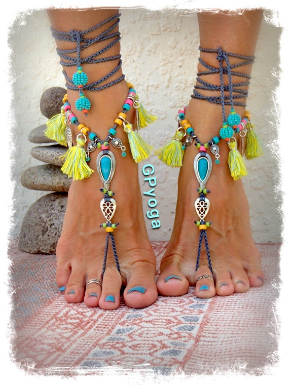 IBIZA Summer BAREFOOT Sandals Neon Tassel jewellery TURQUOISE