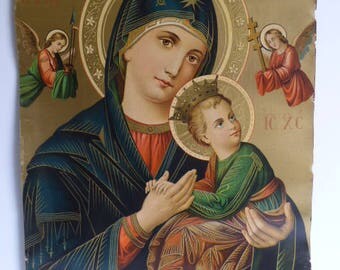 Antique religious Icon Art print Madonna Our Lady Perpetual Help angels Infant Jesus Blessed Mother Mary Saint Michael Gabriel